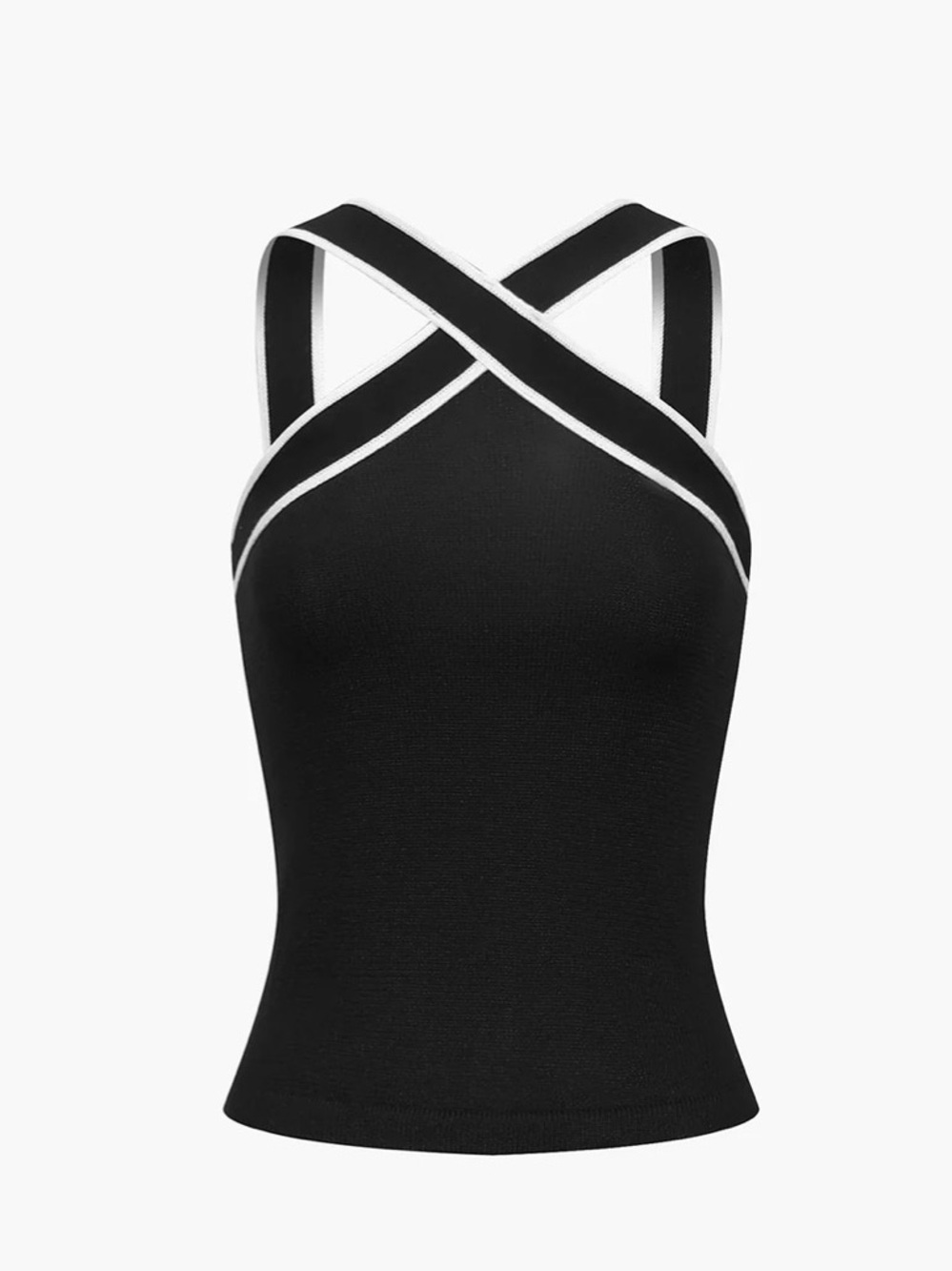 Commense Black Tank Top with White Trim and Crisscross Straps